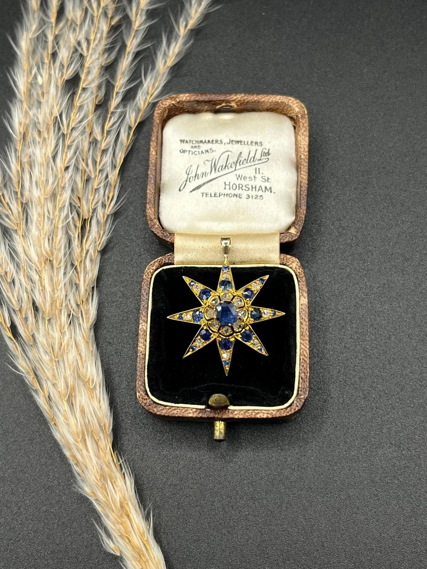 Edwardian 15 Carat Gold Sapphire and Diamond Starburst Pendant, Circa 1900