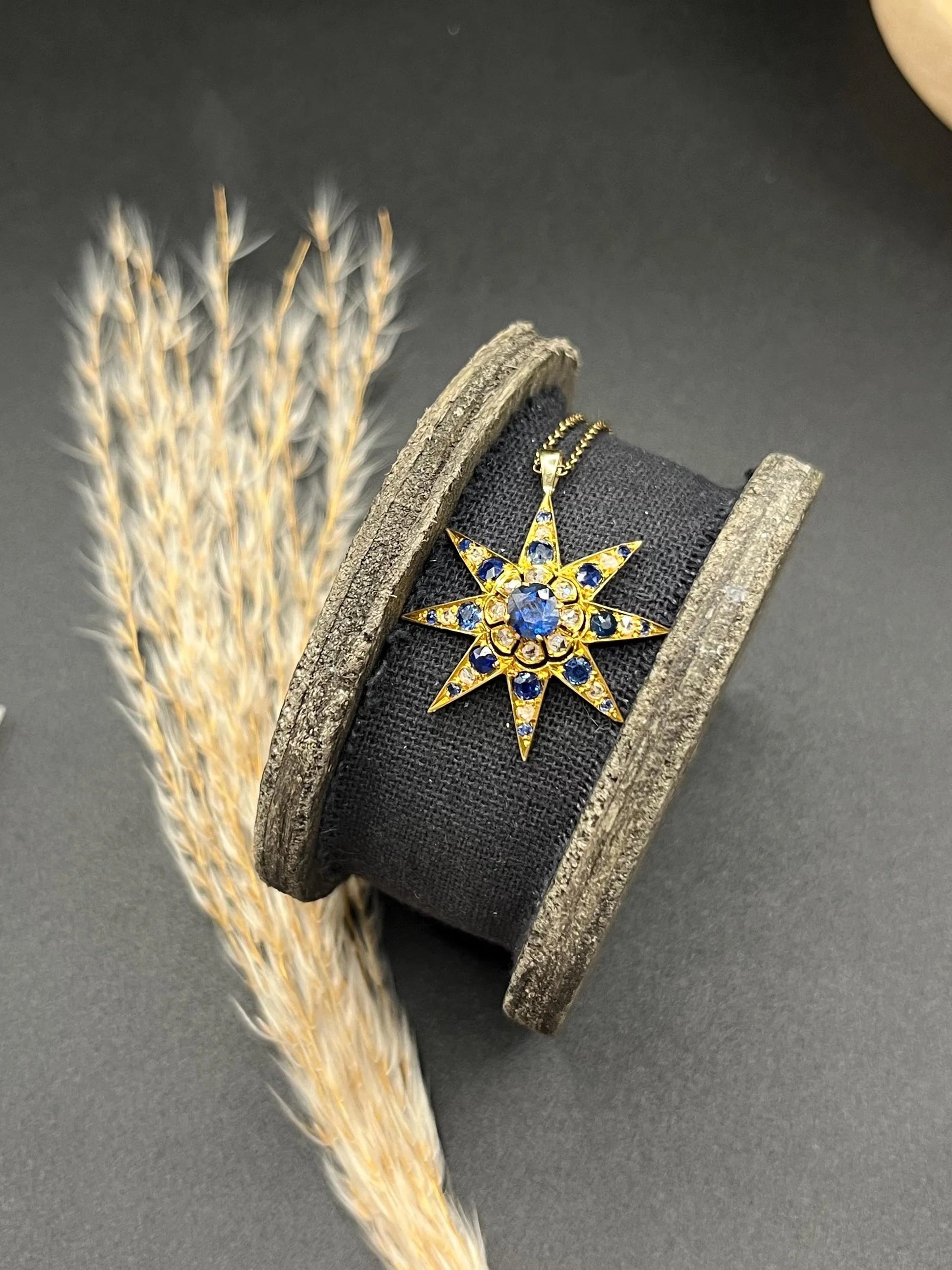 Edwardian 15 Carat Gold Sapphire and Diamond Starburst Pendant, Circa 1900