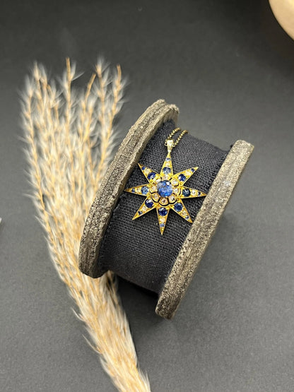 Edwardian 15 Carat Gold Sapphire and Diamond Starburst Pendant, Circa 1900