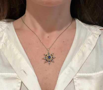 Edwardian 15 Carat Gold Sapphire and Diamond Starburst Pendant, Circa 1900