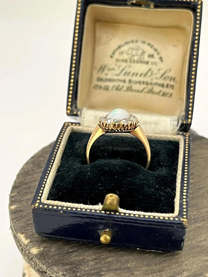 Antique 14ct Yellow Gold Stamped, Edwardian Opal & Diamond Oval Shaped Cluster Ring