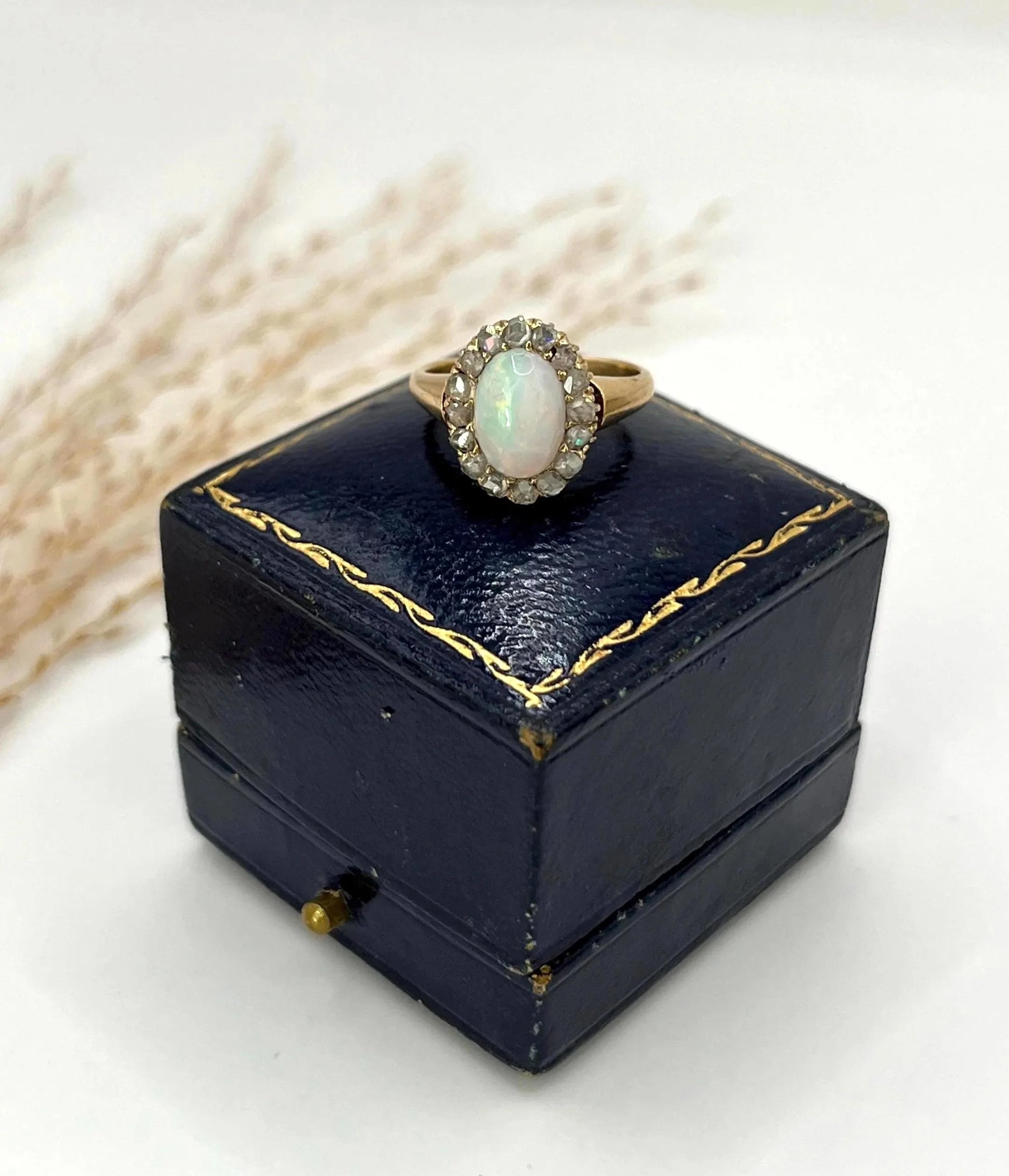 Antique 14ct Yellow Gold Stamped, Edwardian Opal & Diamond Oval Shaped Cluster Ring