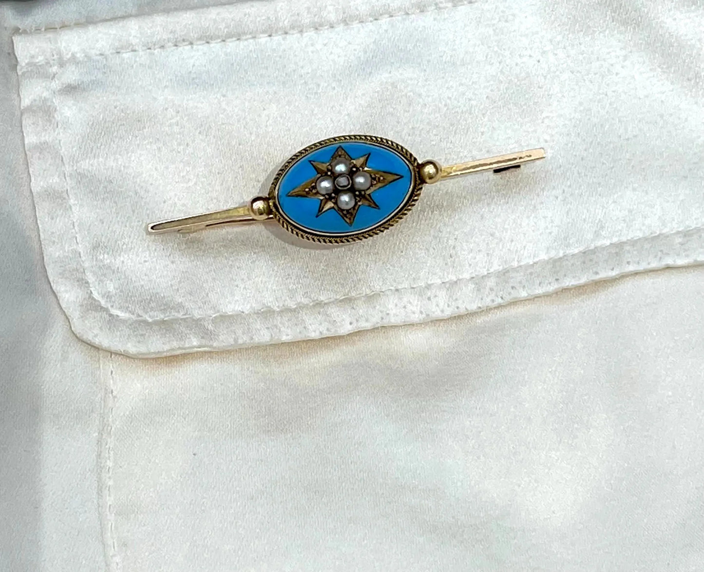 Antique 15 ct Yellow Gold, Victorian Blue Enamel, Diamond And Seed Pearl Brooch