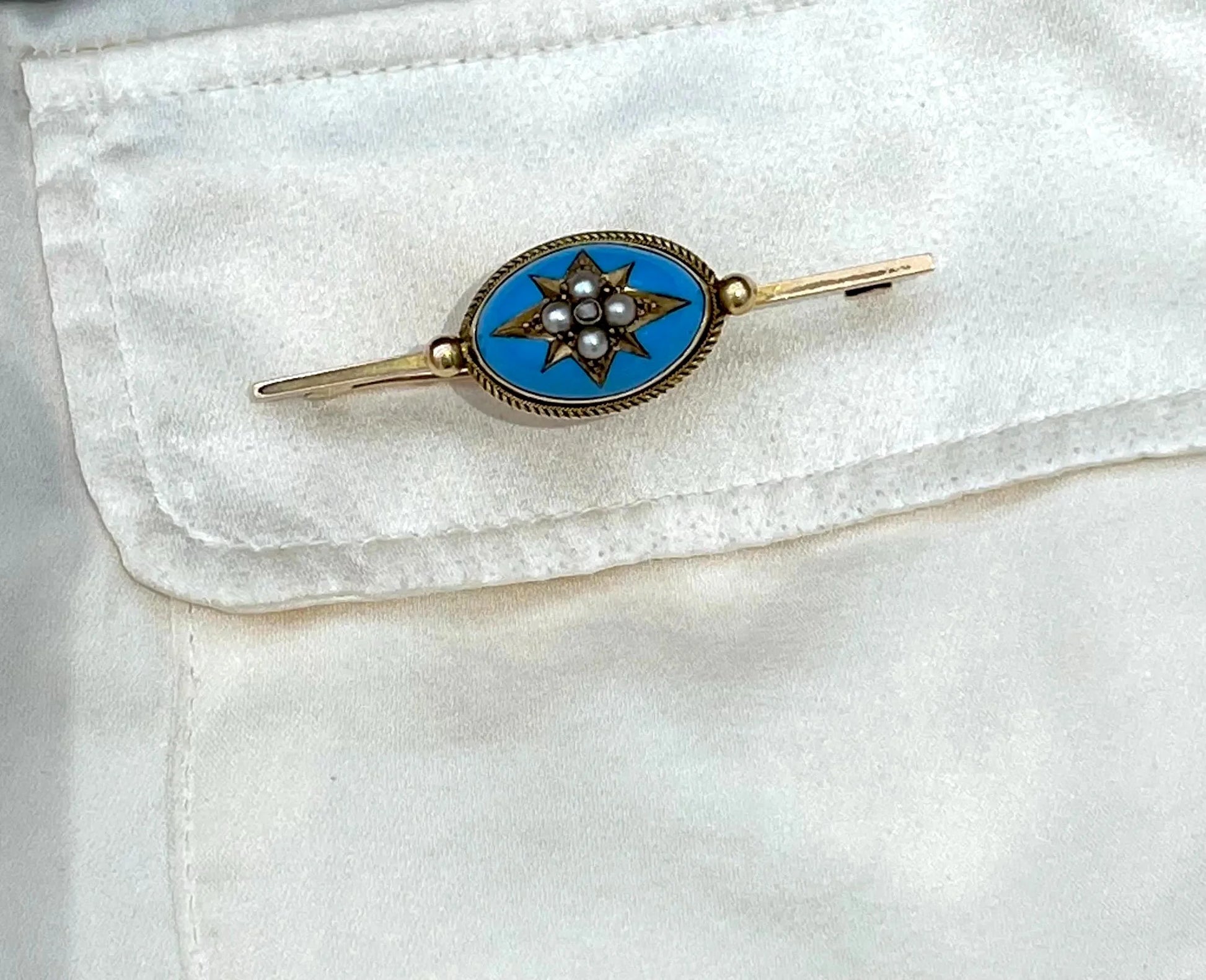 Antique 15 ct Yellow Gold, Victorian Blue Enamel, Diamond And Seed Pearl Brooch