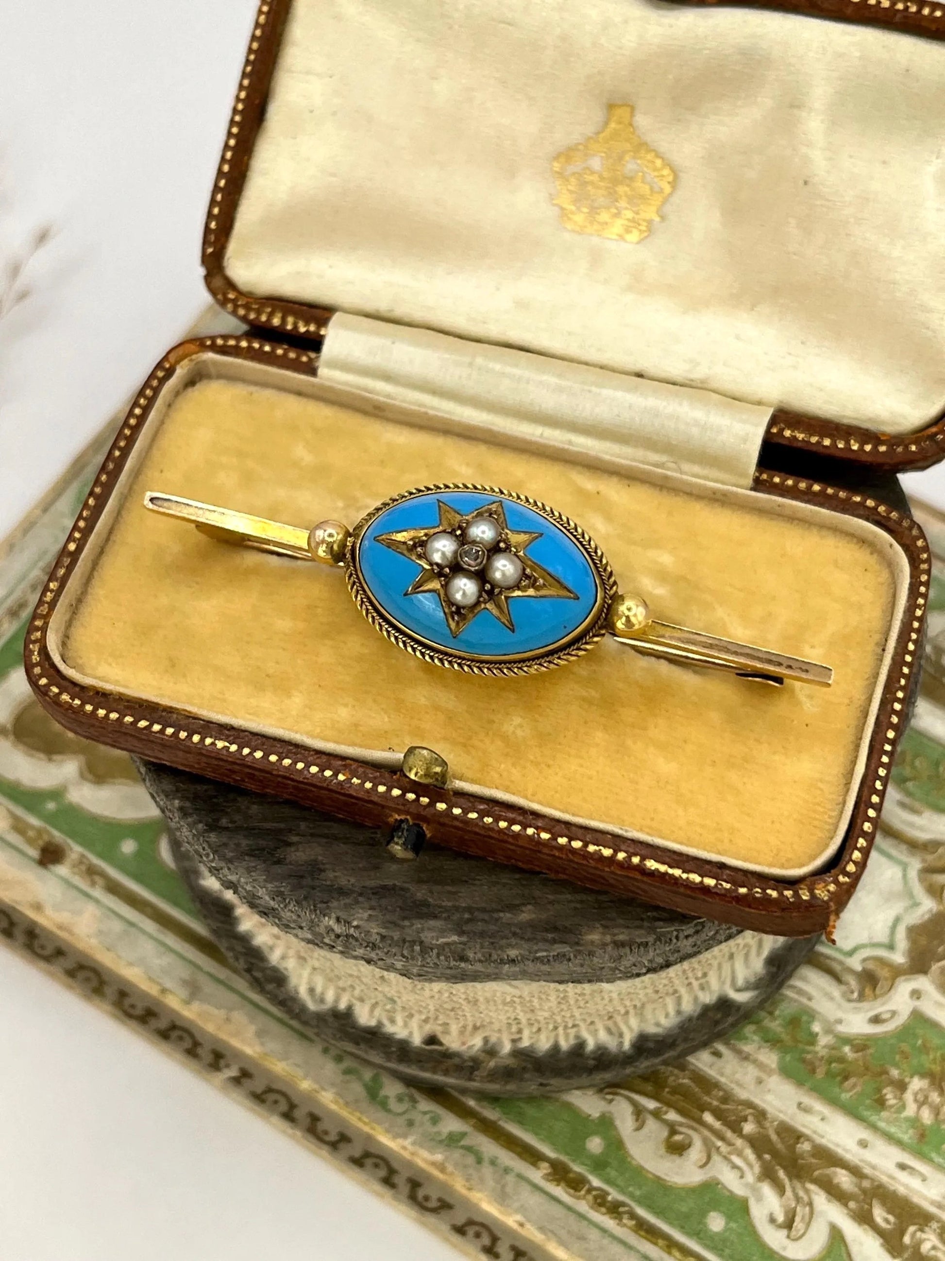 Antique 15 ct Yellow Gold, Victorian Blue Enamel, Diamond And Seed Pearl Brooch