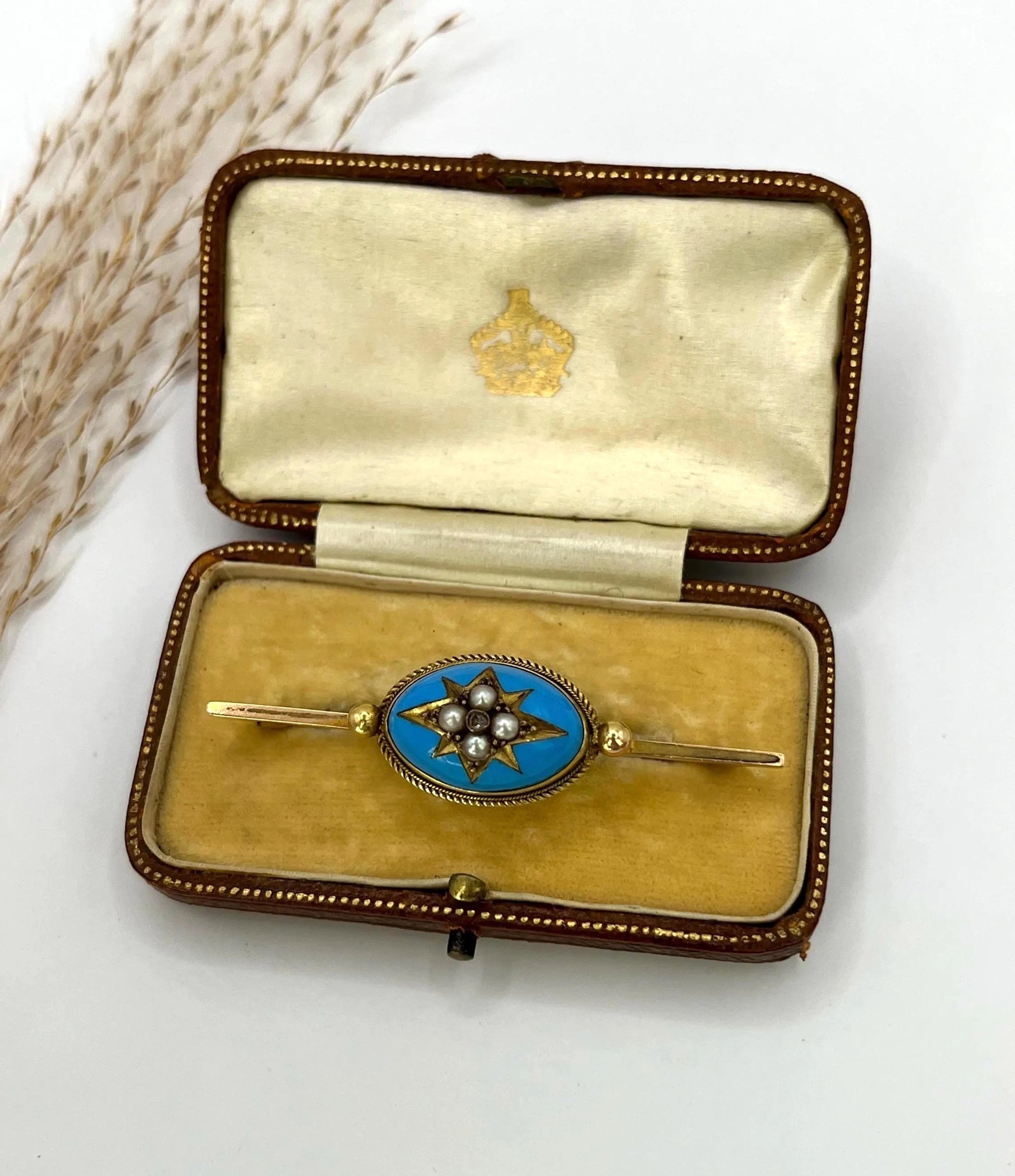 Antique 15 ct Yellow Gold, Victorian Blue Enamel, Diamond And Seed Pearl Brooch