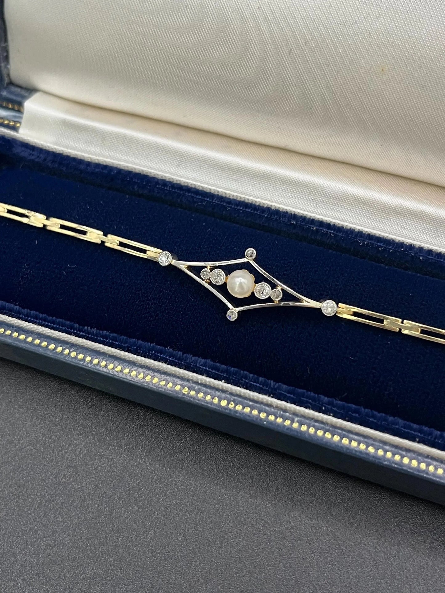 Art Deco 18 Carat Yellow Gold, Platinum, Diamond and Pearl Bracelet, Circa 1920