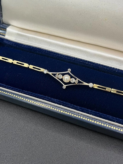 Art Deco 18 Carat Yellow Gold, Platinum, Diamond and Pearl Bracelet, Circa 1920