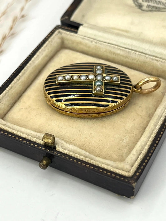 Antique 15ct Gold Locket: Victorian Seed Pearl Cross, Black Enamel Pendant 