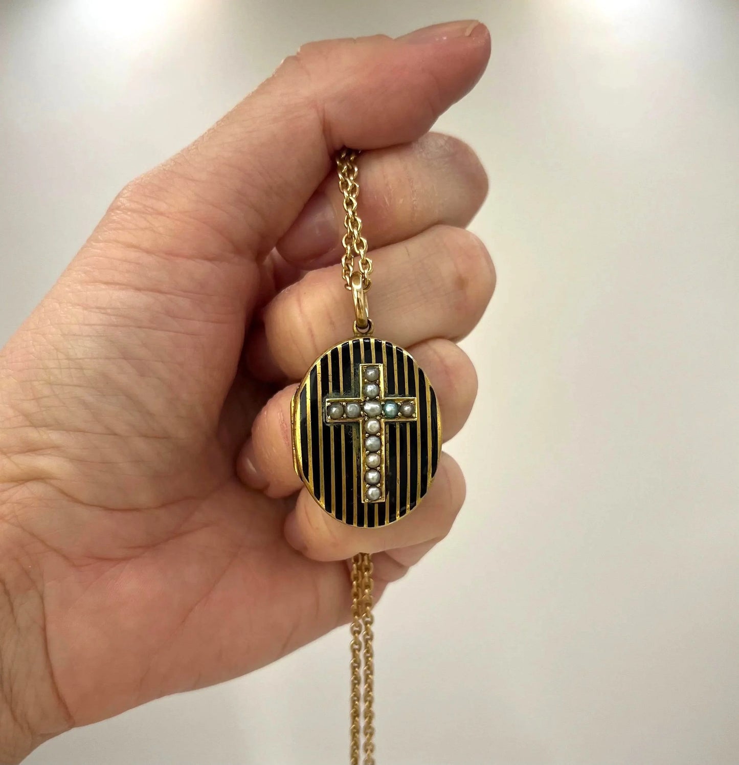 Antique 15ct Gold Locket: Victorian Seed Pearl Cross, Black Enamel, Circa 1880