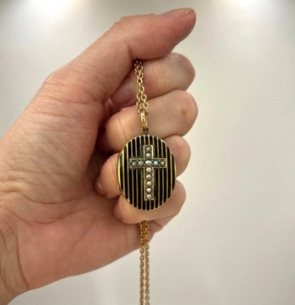 Antique 15ct Gold Locket: Victorian Seed Pearl Cross, Black Enamel, Circa 1880