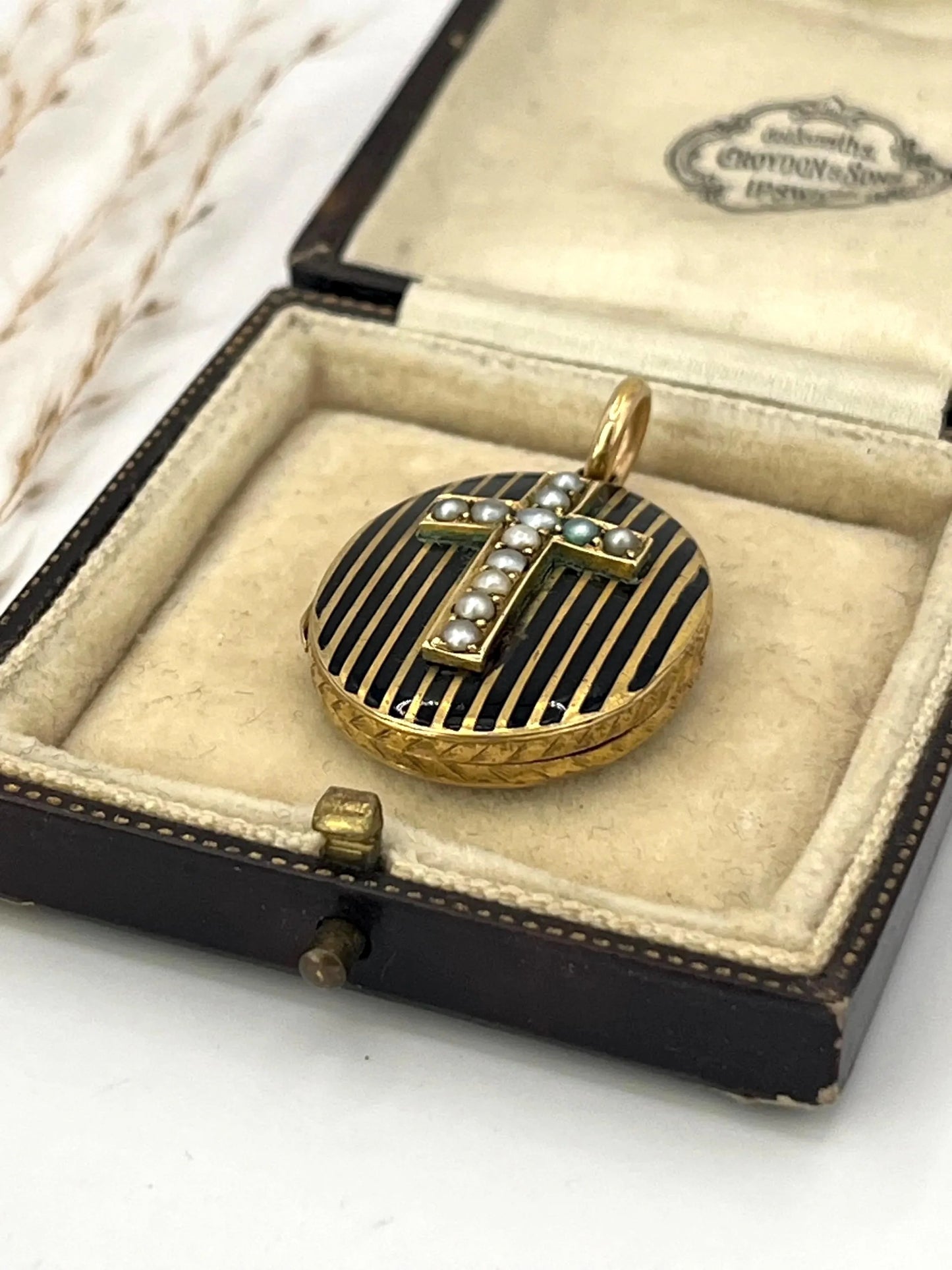 Antique 15ct Gold Locket: Victorian Seed Pearl Cross, Black Enamel, Circa 1880