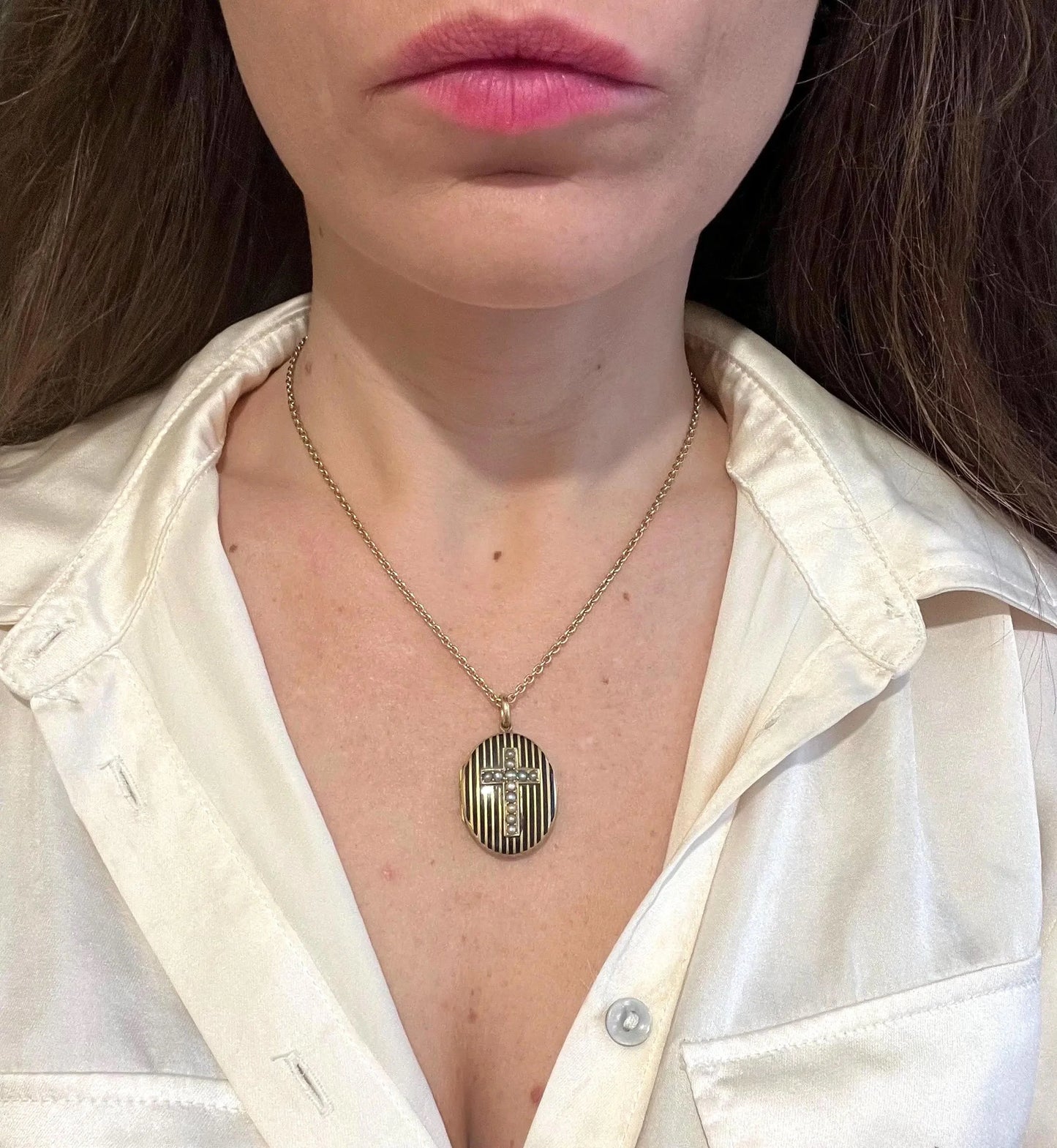 Antique 15ct Gold Locket: Victorian Seed Pearl Cross, Black Enamel, Circa 1880