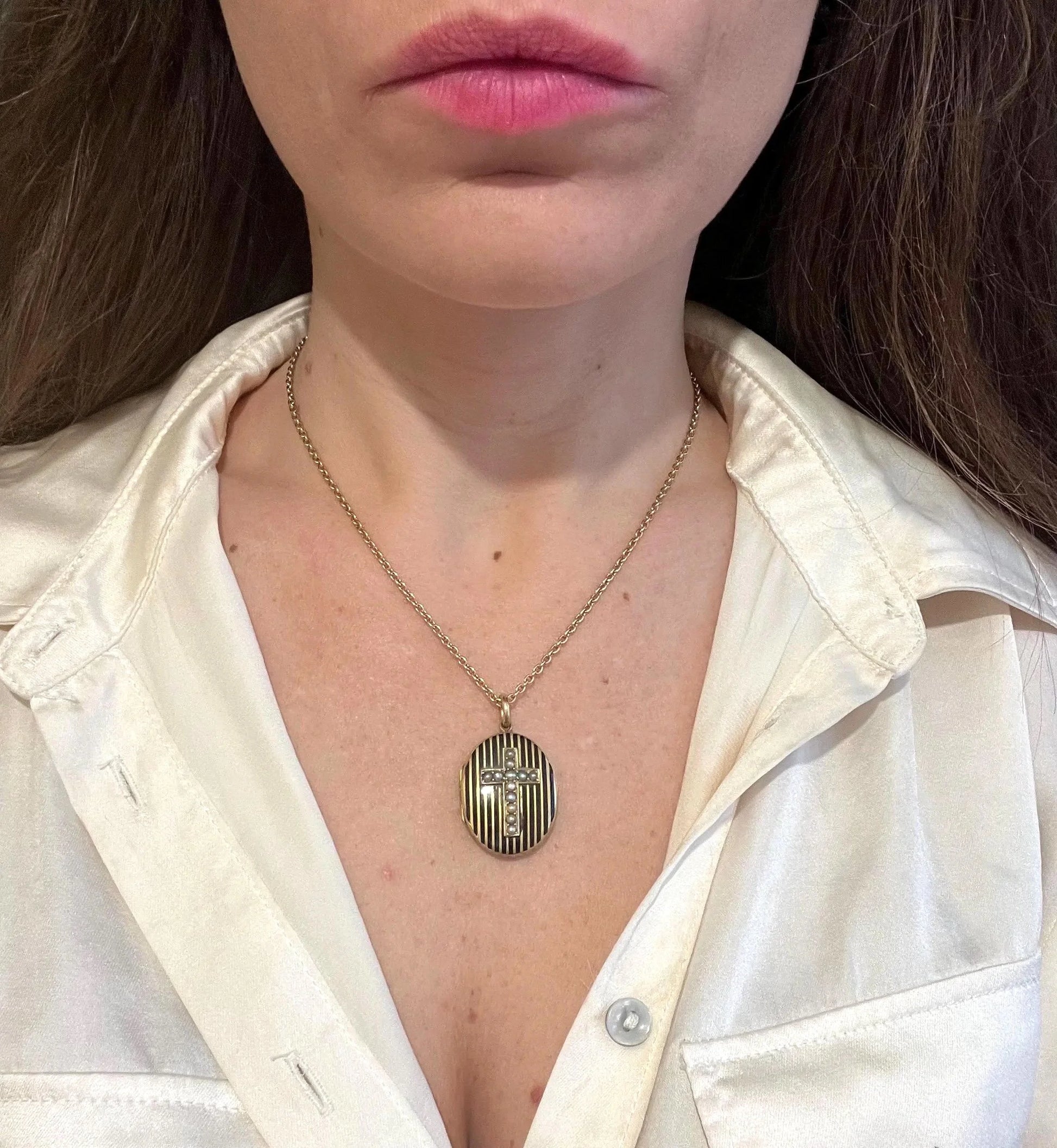 Antique 15ct Gold Locket: Victorian Seed Pearl Cross, Black Enamel, Circa 1880