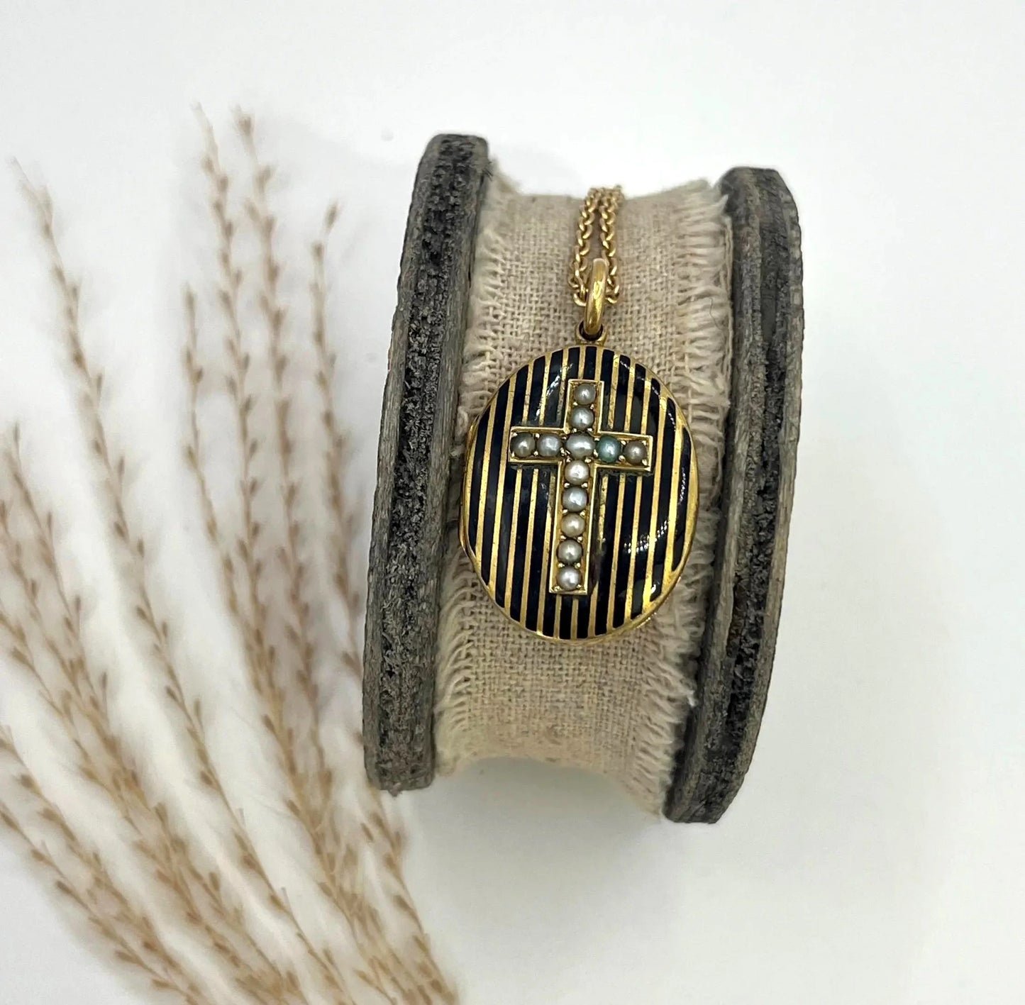 Antique 15ct Gold Locket: Victorian Seed Pearl Cross, Black Enamel, Circa 1880