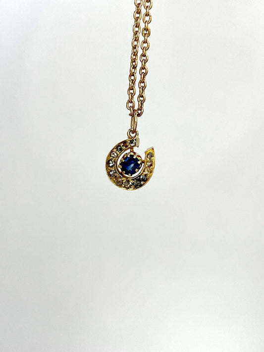 Antique 9ct Gold Victorian, Sapphire & Diamond, Lucky Horseshoe Pendant Necklace, Circa 1880