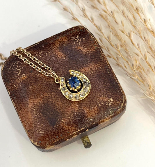 Antique 9ct Gold Victorian, Sapphire & Diamond, Lucky Horseshoe Pendant Necklace, Circa 1880