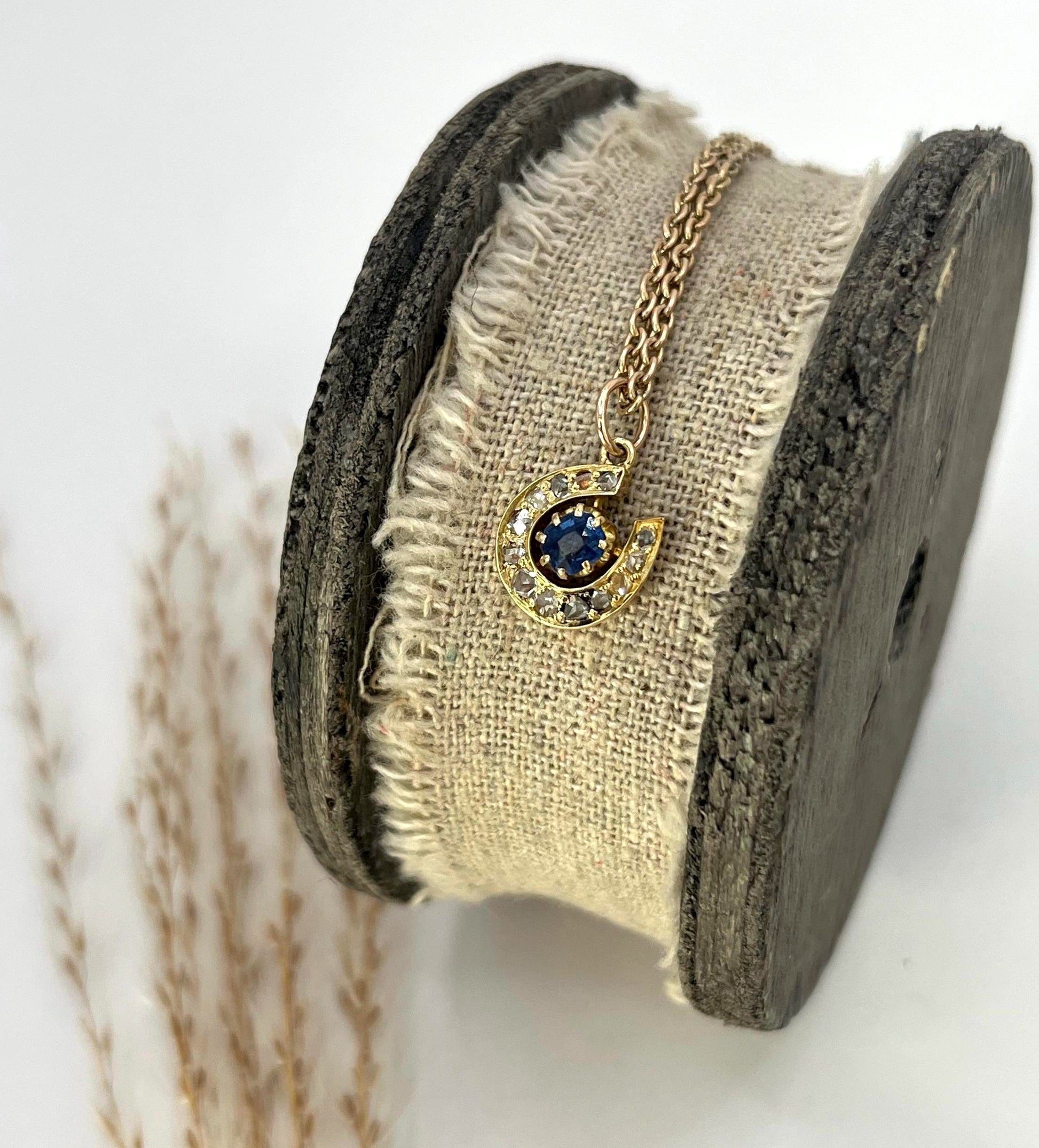 Antique 9 ct Gold Victorian, Sapphire And Diamond Horseshoe Pendant Necklace