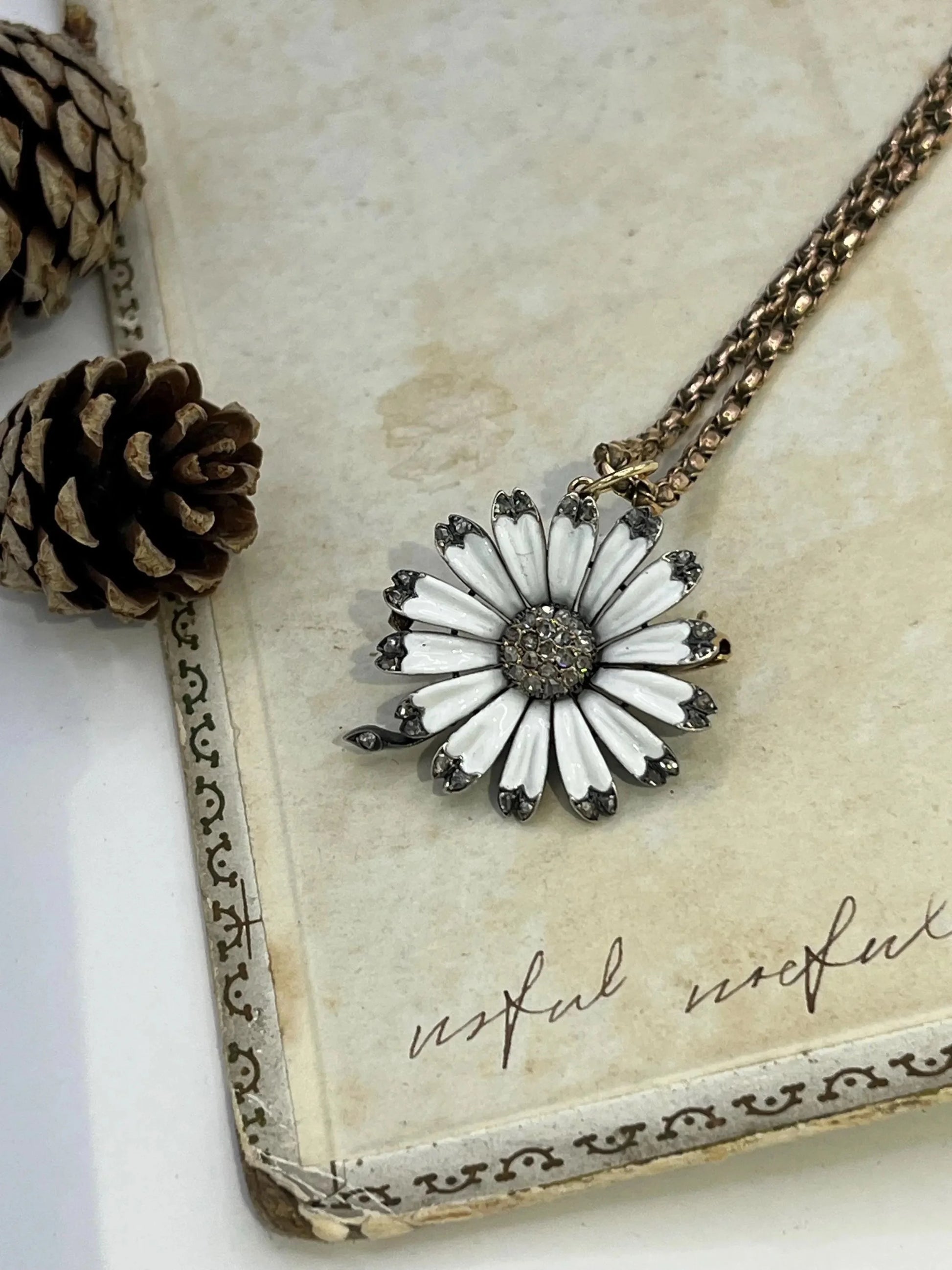 Victorian 18 Carat Gold, Silver, Enamel and Diamond Flower Brooch/Pendant