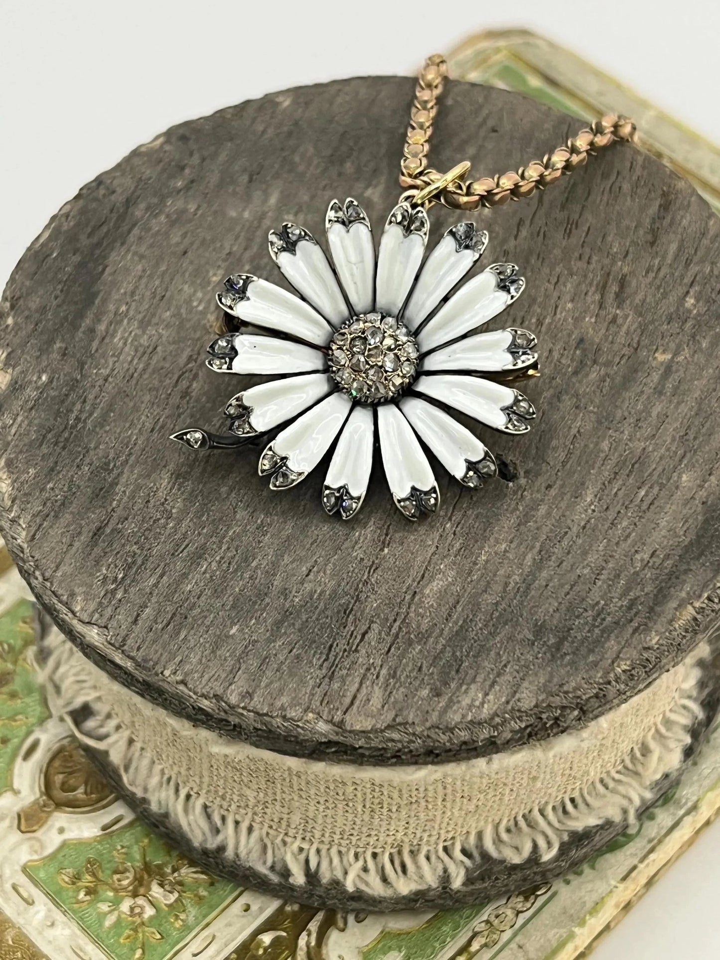 Victorian 18 Carat Gold, Silver, Enamel and Diamond Flower Brooch/Pendant