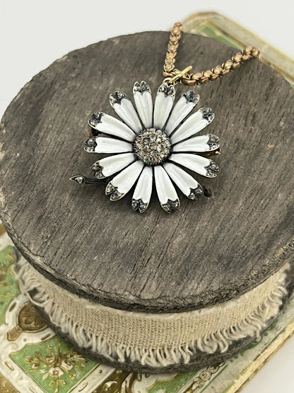 Victorian 18 Carat Gold, Silver, Enamel and Diamond Flower Brooch/Pendant