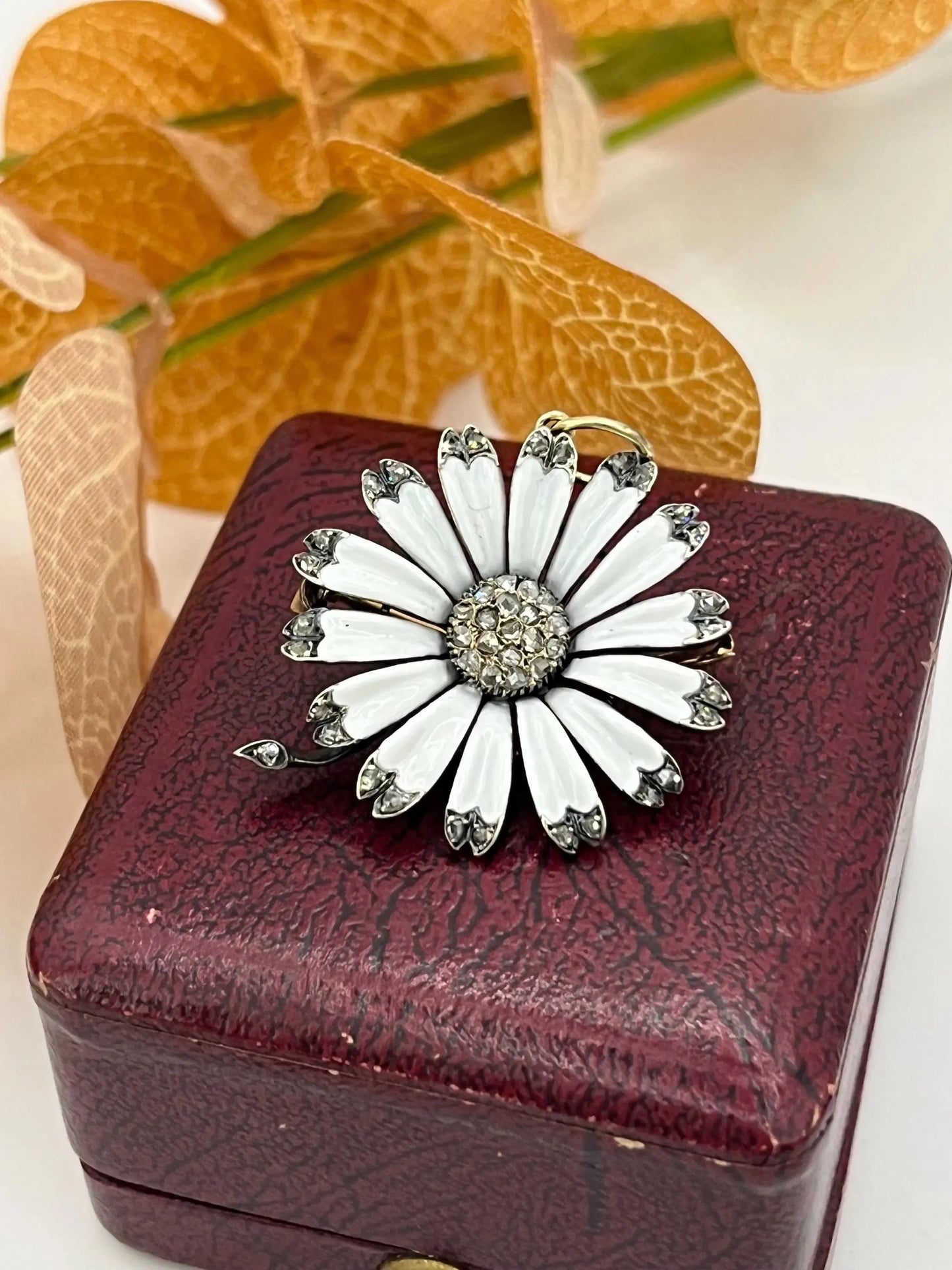 Victorian 18 Carat Gold, Silver, Enamel and Diamond Flower Brooch/Pendant