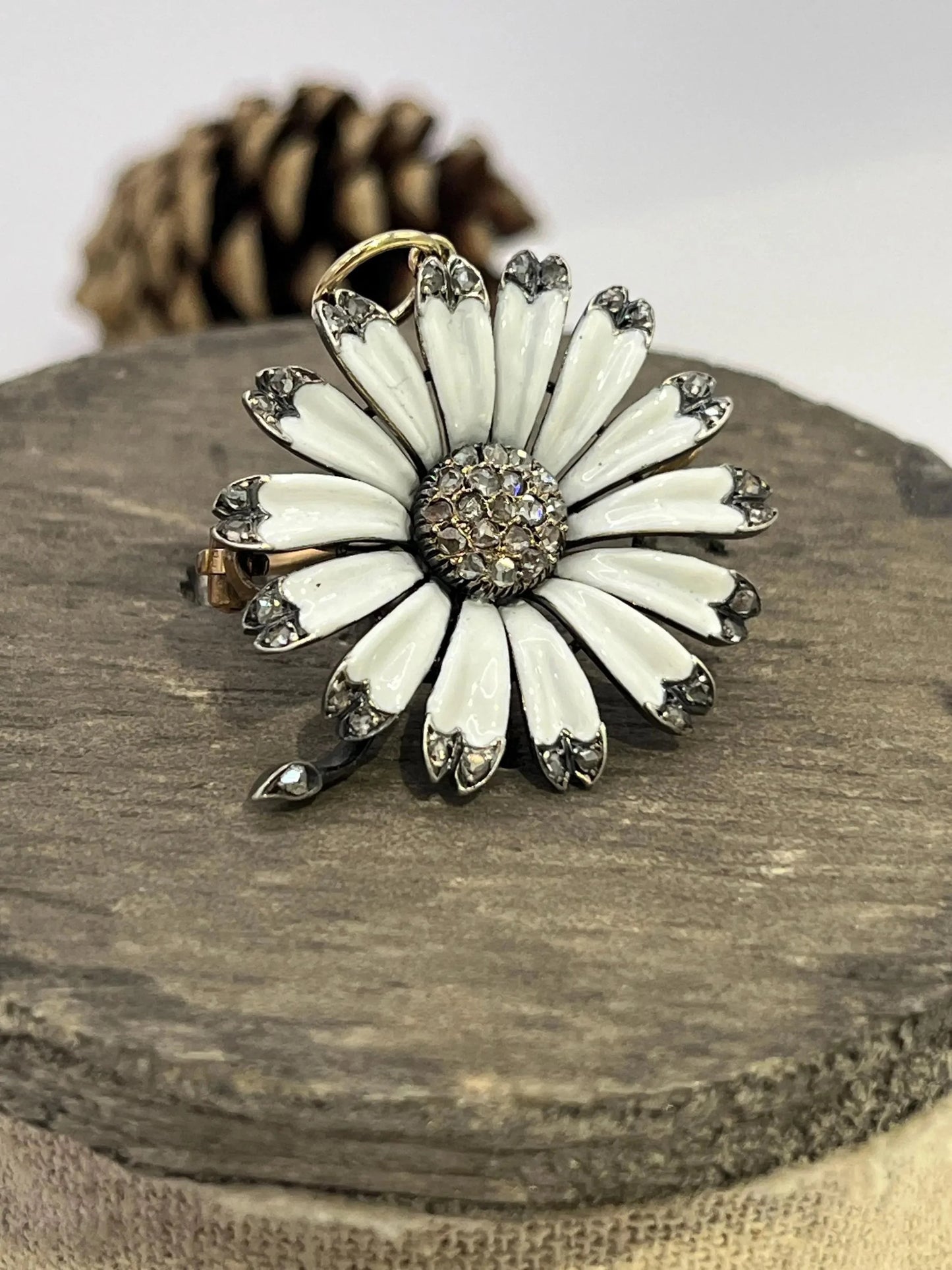 Victorian 18 Carat Gold, Silver, Enamel and Diamond Flower Brooch/Pendant