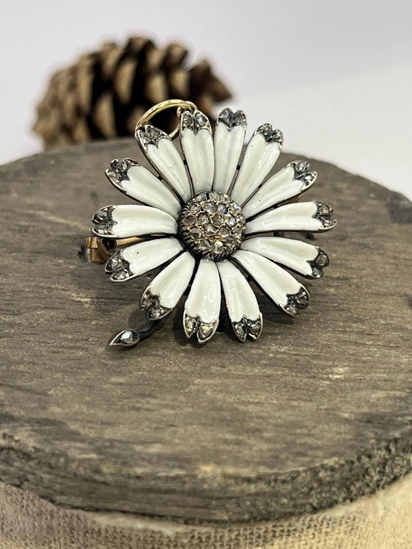 Victorian 18 Carat Gold, Silver, Enamel and Diamond Flower Brooch/Pendant