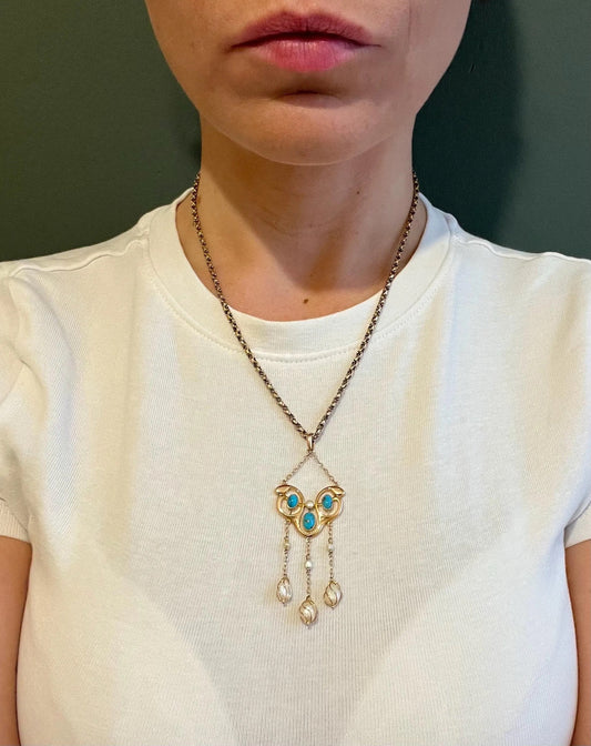 Antique 9ct Gold, Pearl & Turquoise Drop Pendant, Circa 1920s