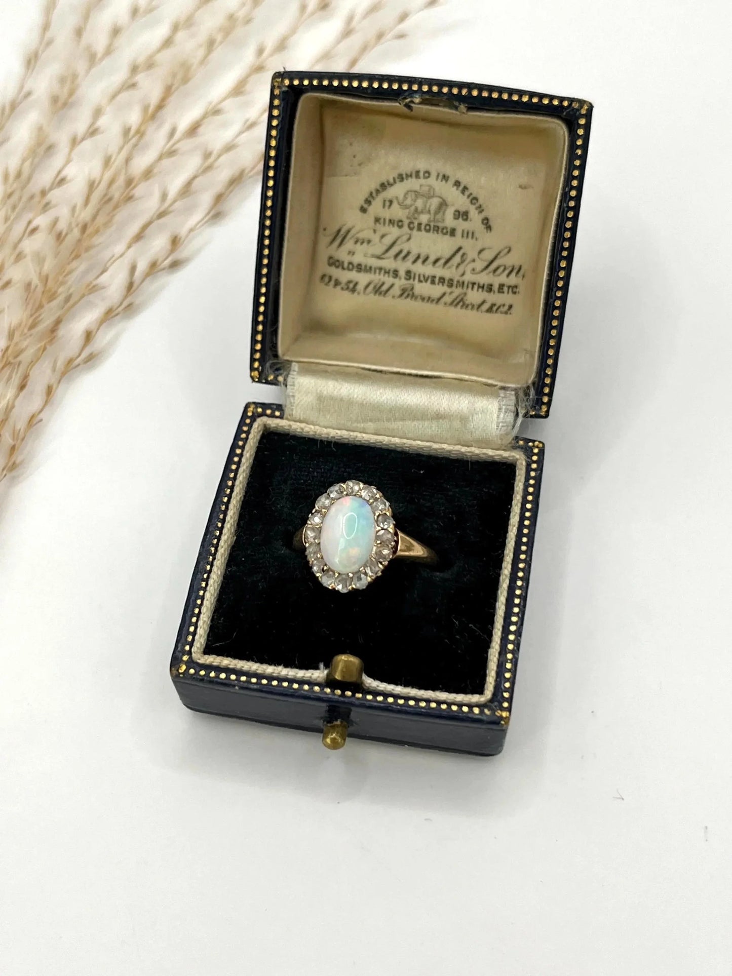 Antique 14ct Yellow Gold Stamped, Edwardian Opal & Diamond Oval Shaped Cluster Ring