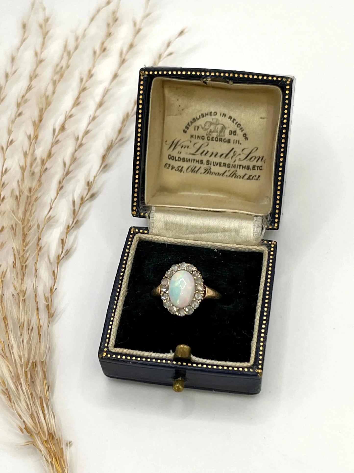 Antique 14ct Yellow Gold Stamped, Edwardian Opal & Diamond Oval Shaped Cluster Ring