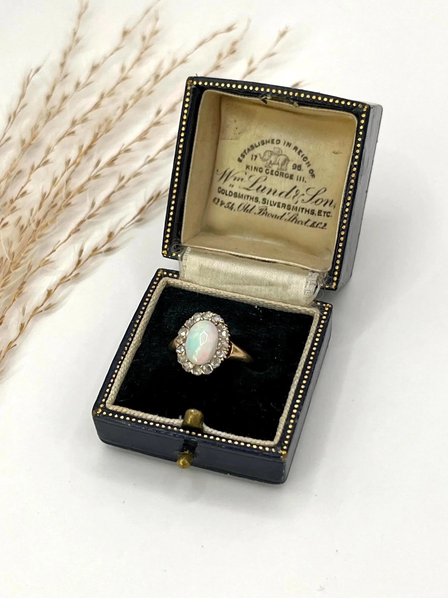 Antique 14ct Yellow Gold Stamped, Edwardian Opal & Diamond Oval Shaped Cluster Ring