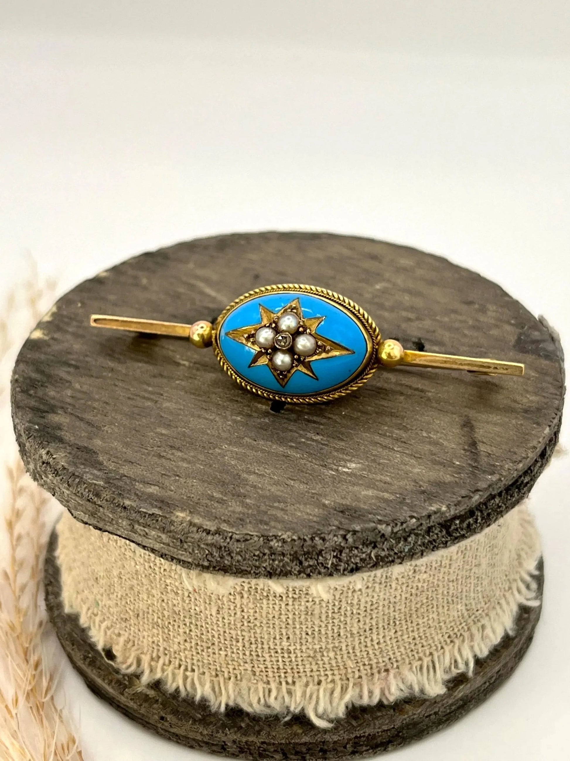 Antique 15 ct Yellow Gold, Victorian Blue Enamel, Diamond And Seed Pearl Brooch