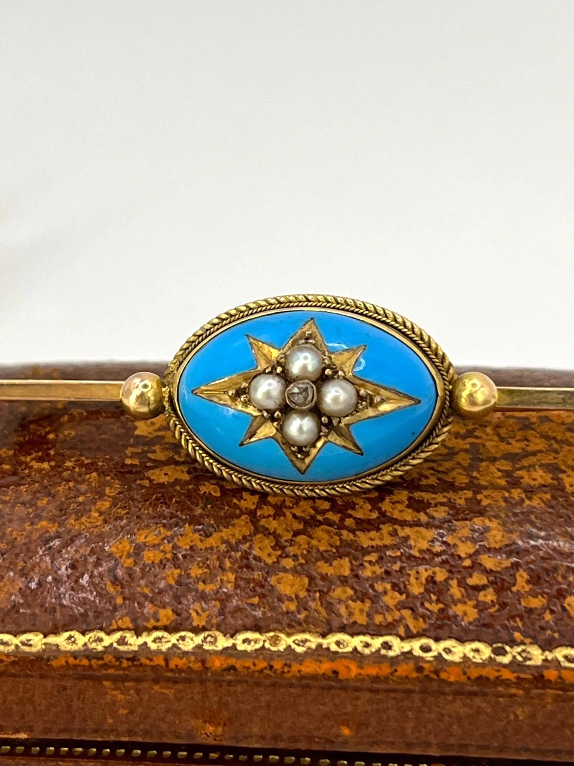 Antique 15 ct Yellow Gold, Victorian Blue Enamel, Diamond And Seed Pearl Brooch