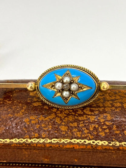 Antique 15 ct Yellow Gold, Victorian Blue Enamel, Diamond And Seed Pearl Brooch