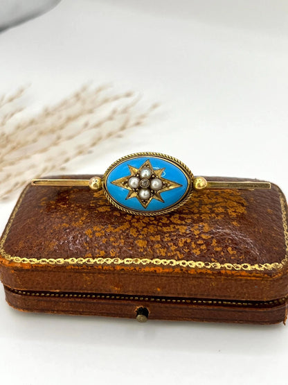 Antique 15 ct Yellow Gold, Victorian Blue Enamel, Diamond And Seed Pearl Brooch