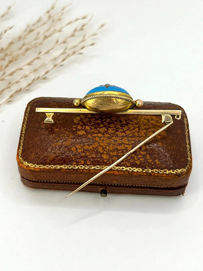 Antique 15 ct Yellow Gold, Victorian Blue Enamel, Diamond And Seed Pearl Brooch