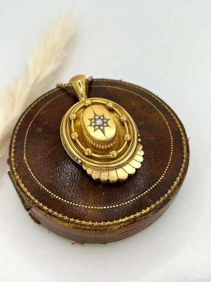 Antique 15 Carat Yellow Gold And Seed Pearl, Victorian Ornate Pendant