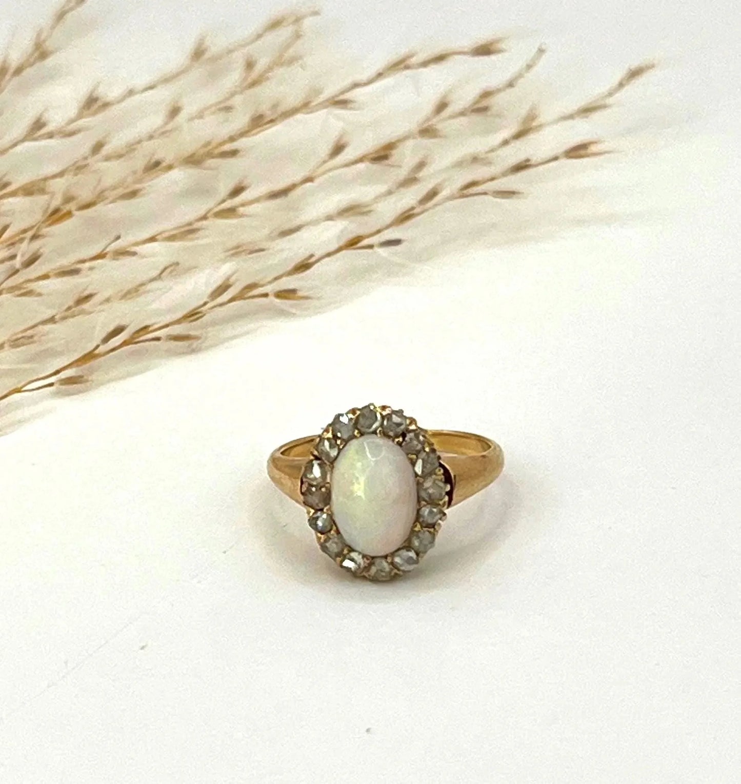 Antique 14ct Yellow Gold Stamped, Edwardian Opal & Diamond Oval Shaped Cluster Ring