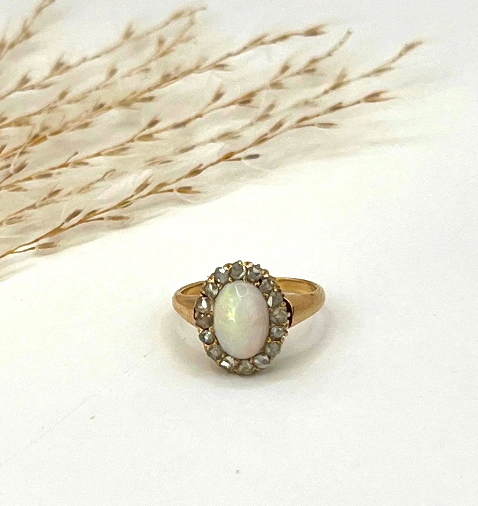 Antique 14ct Yellow Gold Stamped, Edwardian Opal & Diamond Oval Shaped Cluster Ring