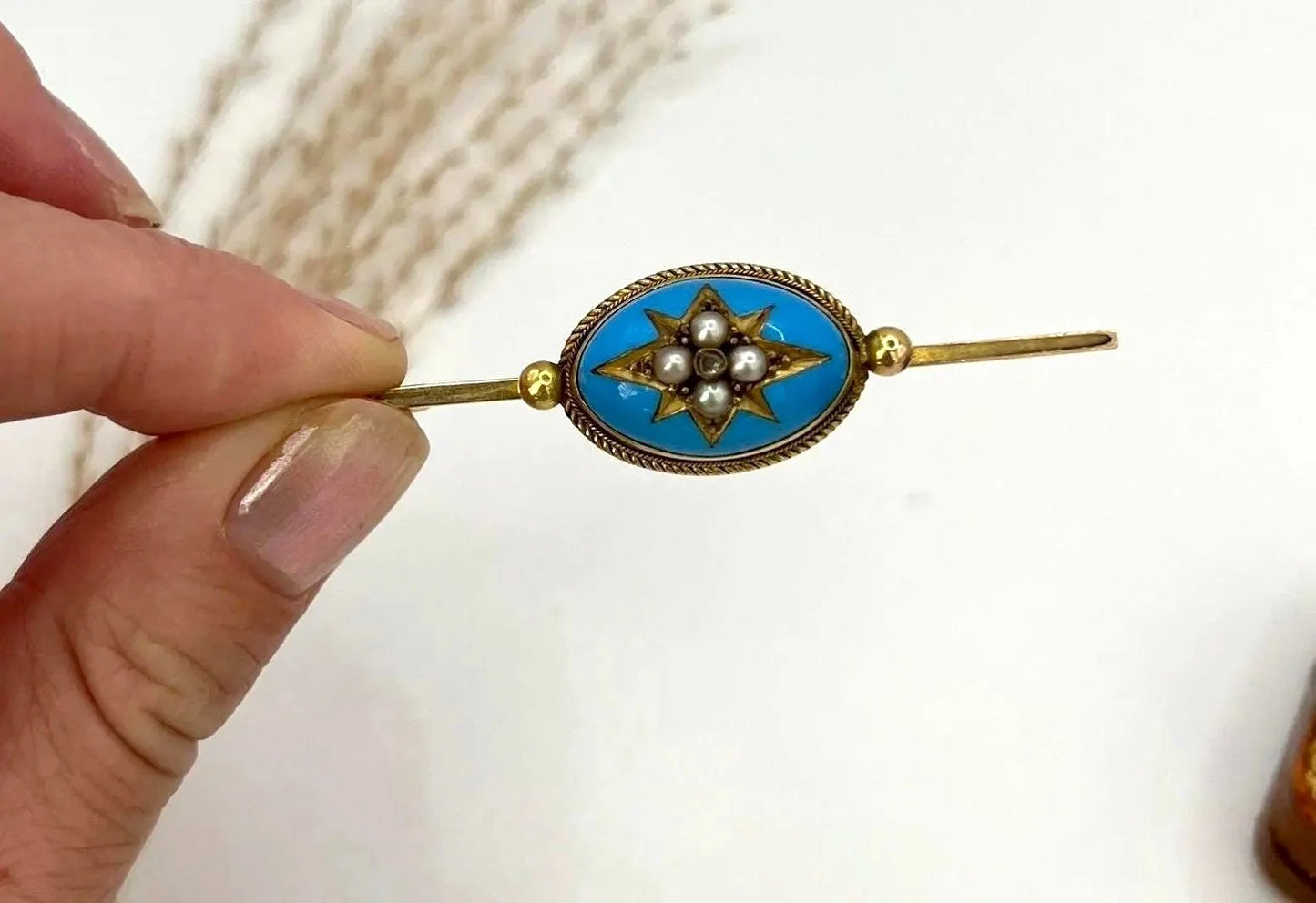 Antique 15 ct Yellow Gold, Victorian Blue Enamel, Diamond And Seed Pearl Brooch