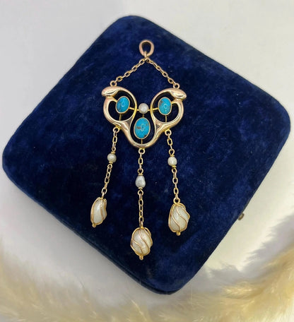 Antique 9 ct Gold, Pearl And Turquoise Drop Pendant, Circa 1920's