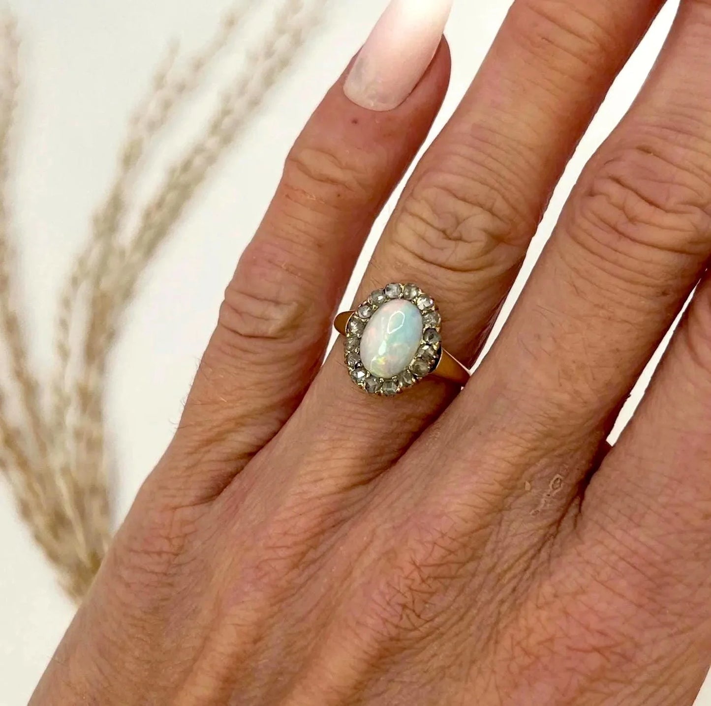 Antique 14ct Yellow Gold Stamped, Edwardian Opal & Diamond Oval Shaped Cluster Ring