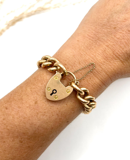 Antique 15ct Rose Gold Stamped, Victorian Curb Link Bracelet with Heart Padlock Clasp