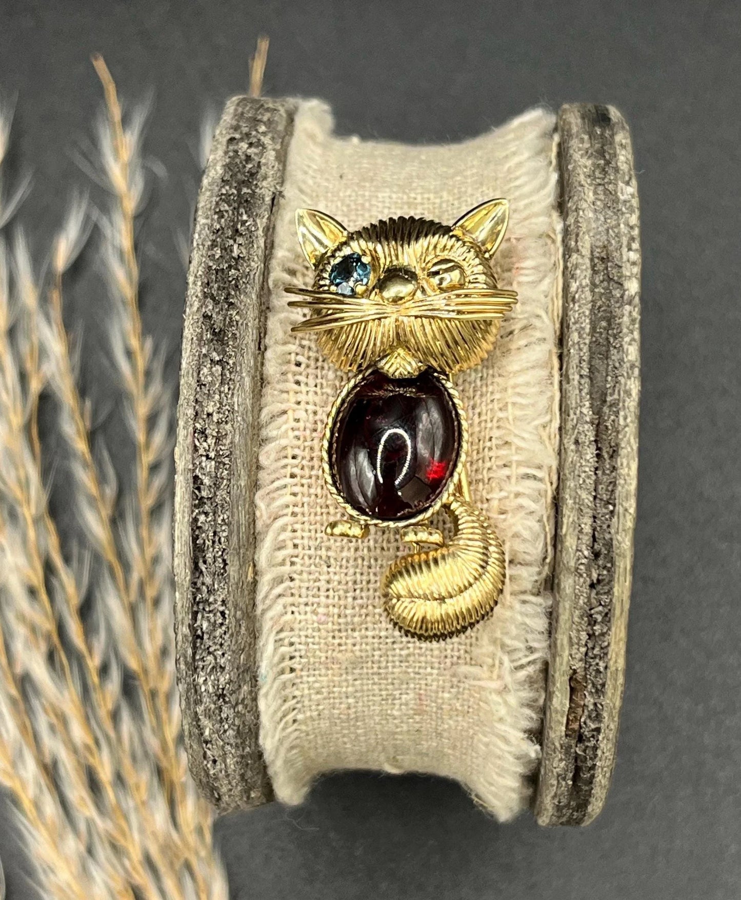 Vintage 14ct Yellow Gold Sapphire and Garnet Cat Brooch, Circa 1970