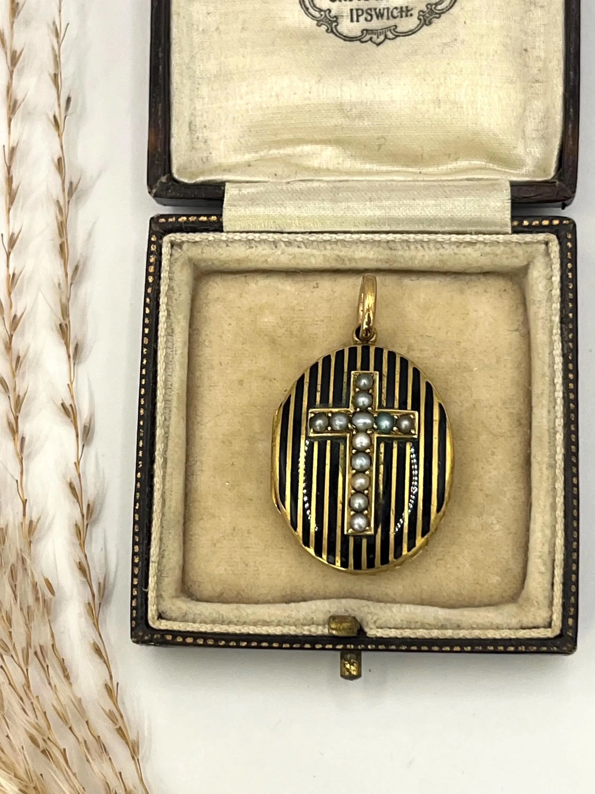 Antique 15ct Gold Locket: Victorian Seed Pearl Cross, Black Enamel, Circa 1880