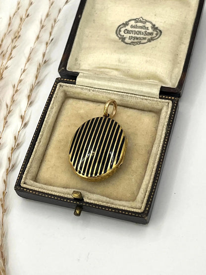 Antique 15ct Gold Locket: Victorian Seed Pearl Cross, Black Enamel, Circa 1880