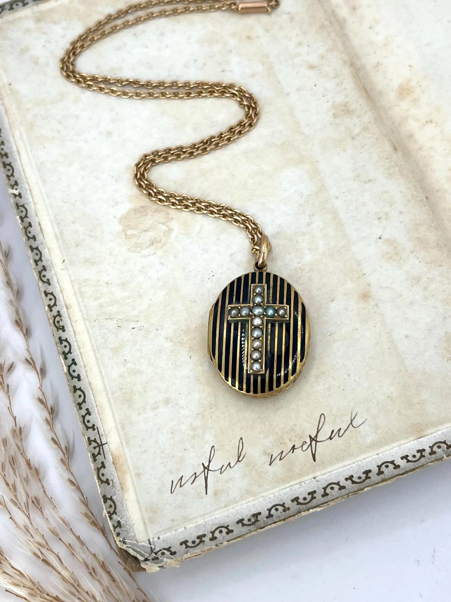 Antique 15ct Gold Locket: Victorian Seed Pearl Cross, Black Enamel, Circa 1880
