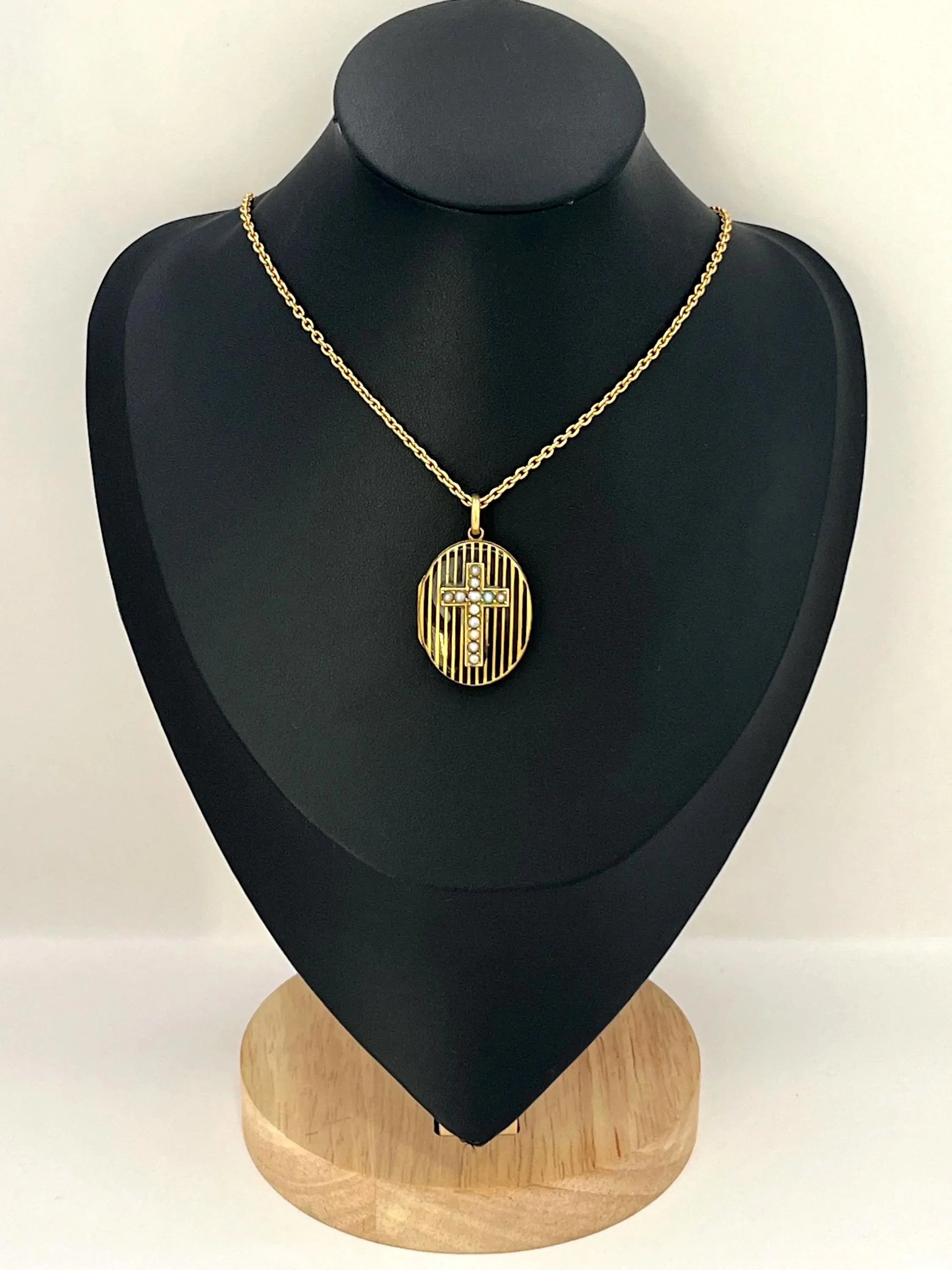 Antique 15ct Gold Locket: Victorian Seed Pearl Cross, Black Enamel, Circa 1880