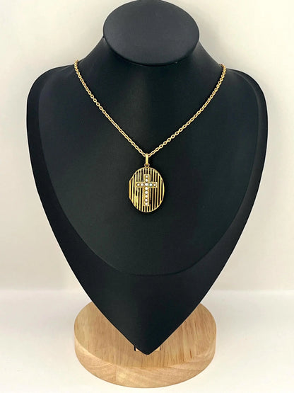 Antique 15ct Gold Locket: Victorian Seed Pearl Cross, Black Enamel, Circa 1880